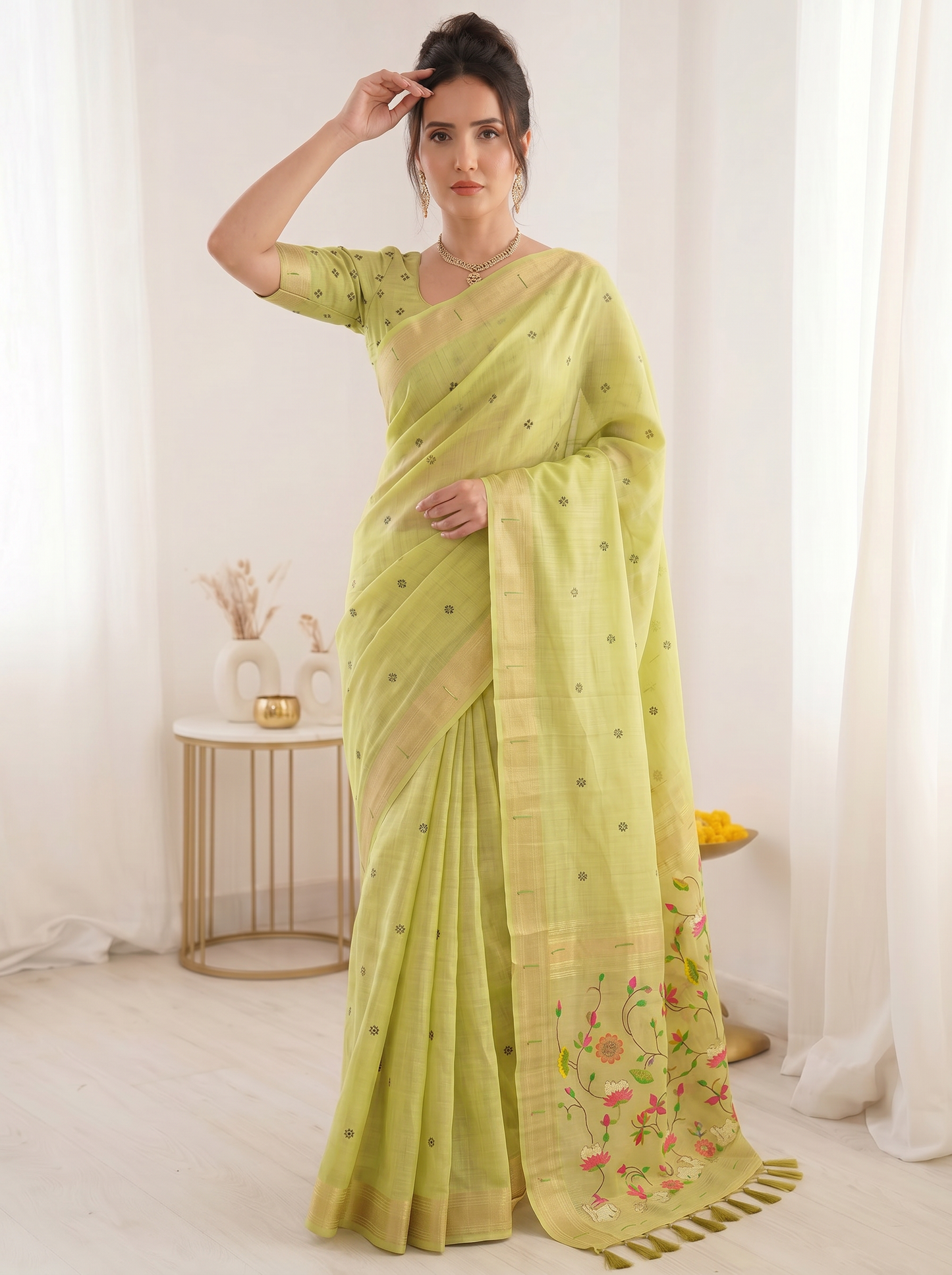Pista Premium Soft Muga Cotton Saree with Paithani Swan Meenakari Pallu