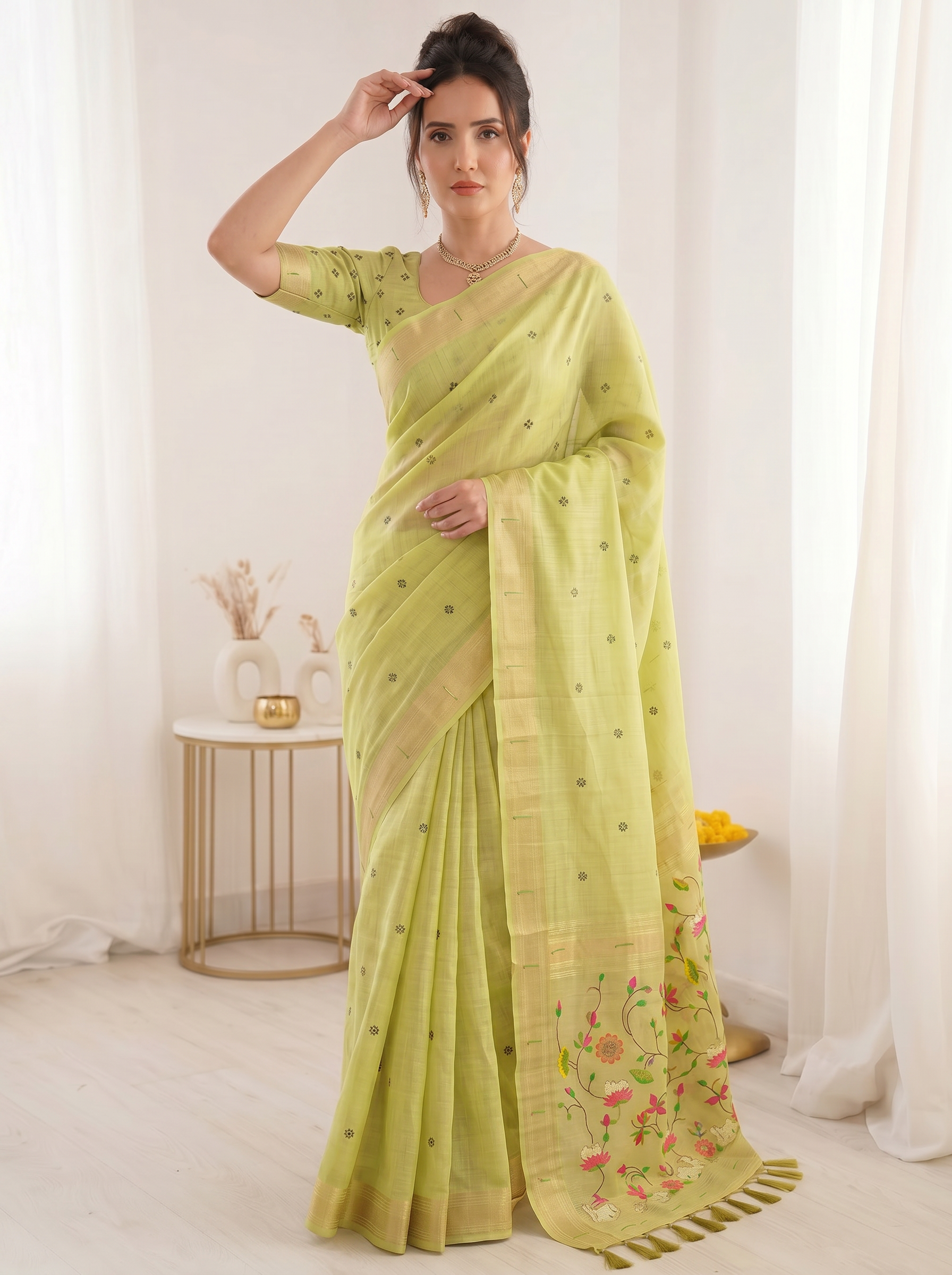 Pista Premium Soft Muga Cotton Saree with Paithani Swan Meenakari Pallu