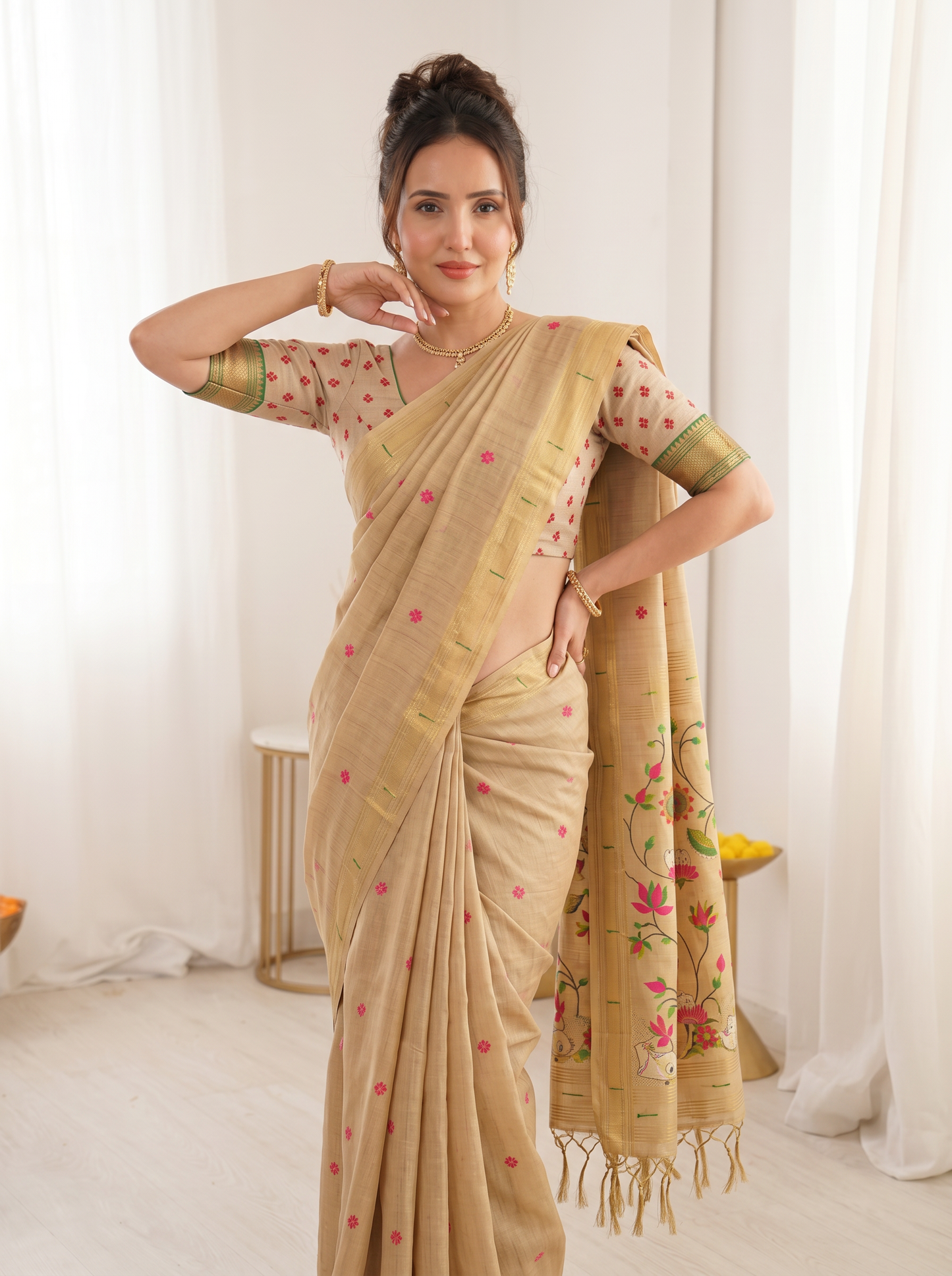 Chickoo Premium Soft Muga Cotton Saree with Paithani Swan Meenakari Pallu