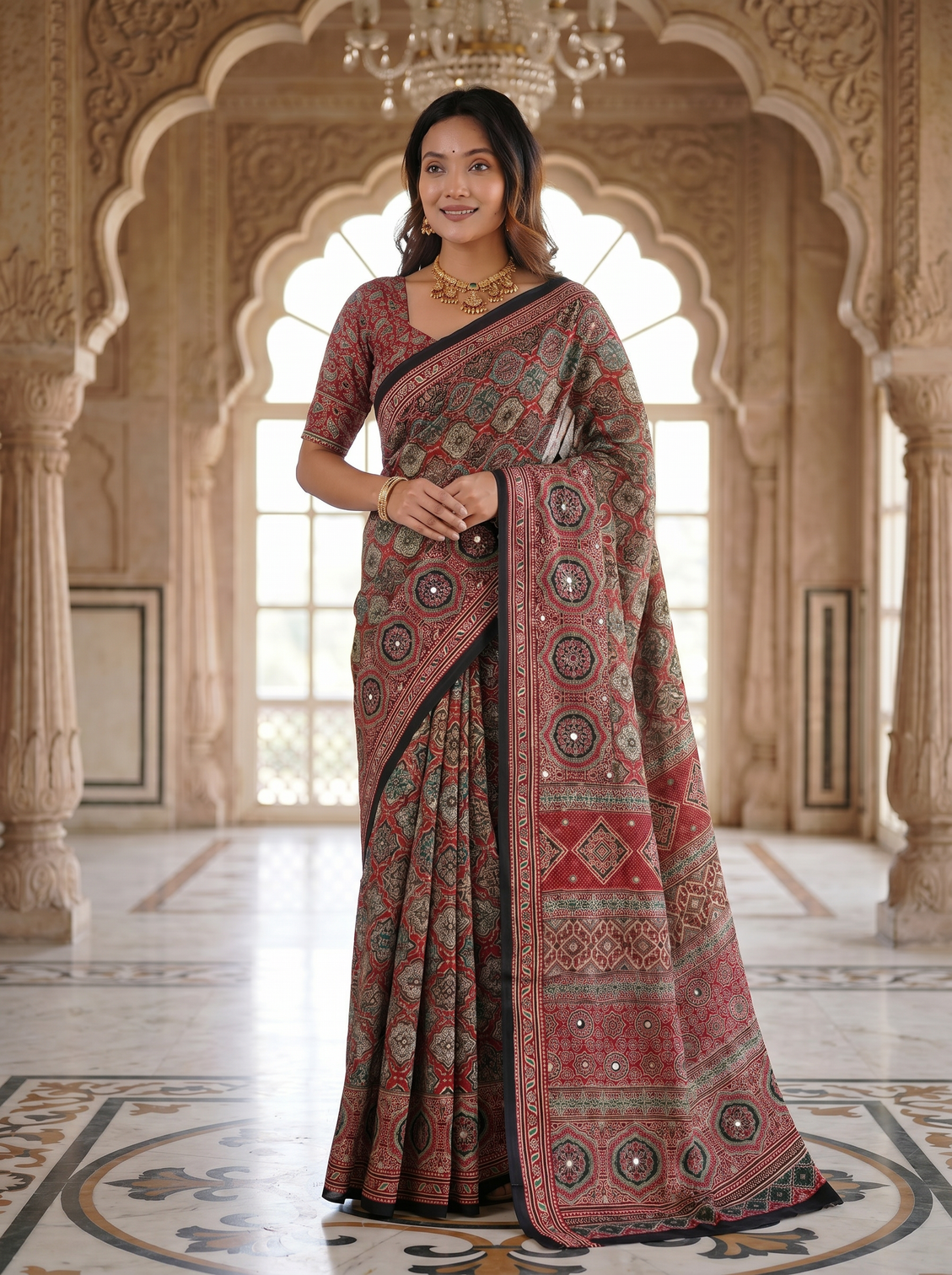 Vintage rose pure modal silk saree with intricate heritage mandala print designer ethnic pallu mameraa