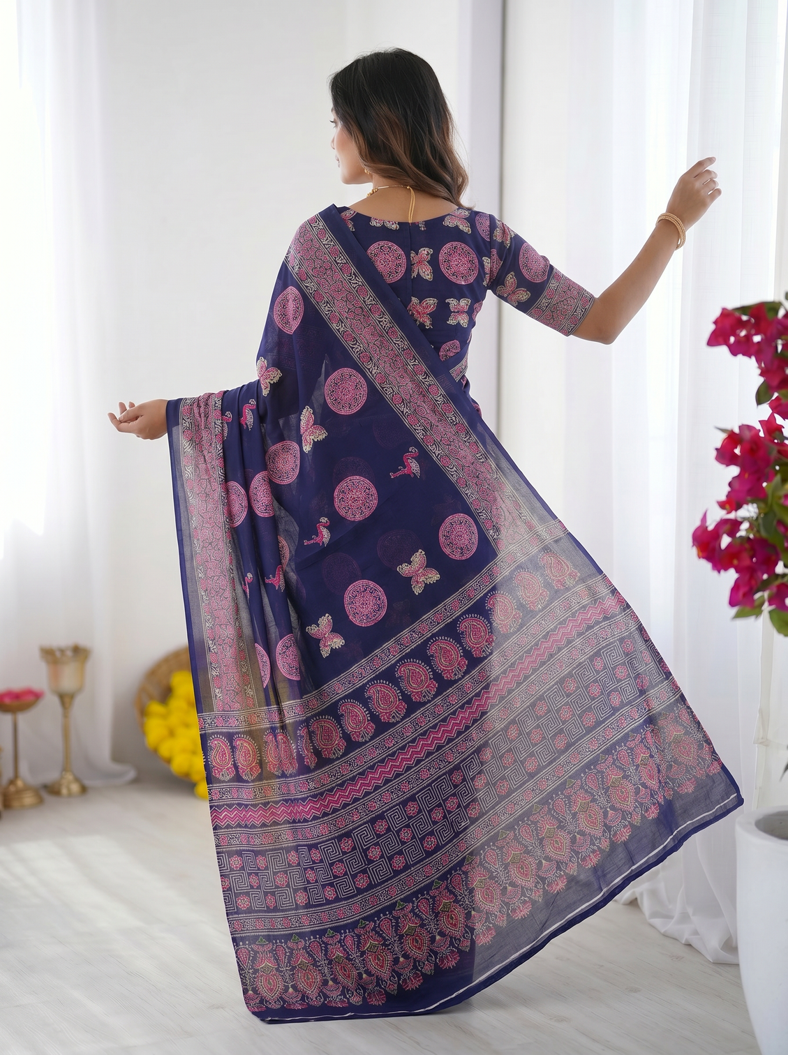 Navy blue modal silk saree with paisley circular motif print designer heritage pallu saree for festive wear