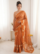 Orange Pure Oris Silk Saree with Embroidered Lotus Buttis & Applique Border