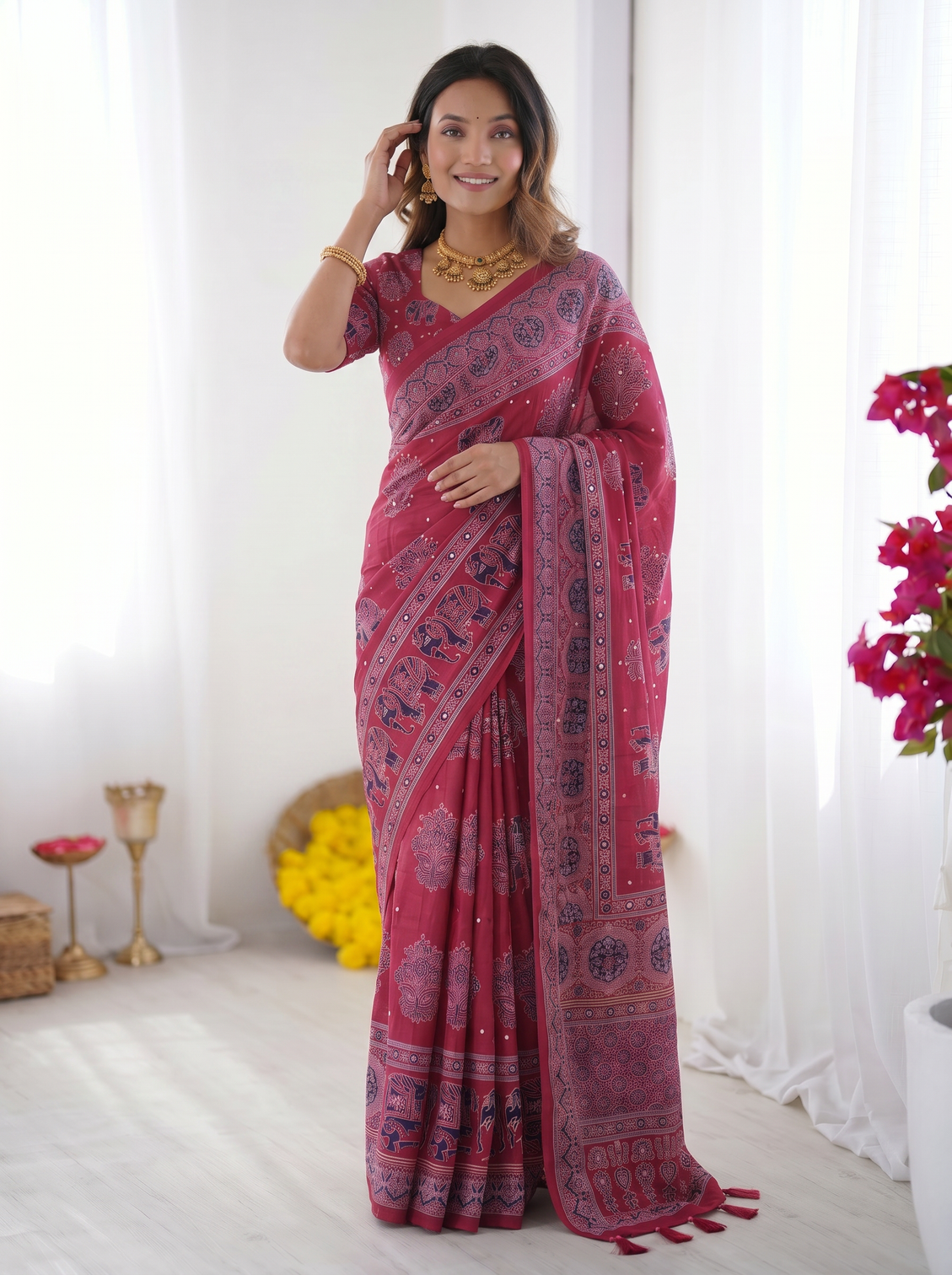 Rani pink modal silk saree with elephant motif ajrakh print designer pallu festive ethnic wear saree