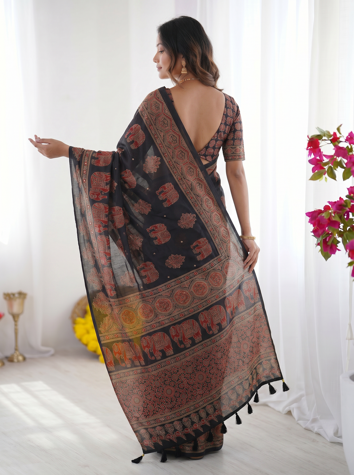 Black modal silk saree with elephant motif ajrakh print heritage designer pallu traditional festive wear saree