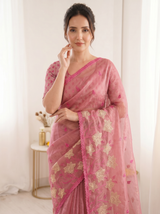 Coral Pure Oris Silk Saree with Embroidered Lotus Buttis & Applique Border
