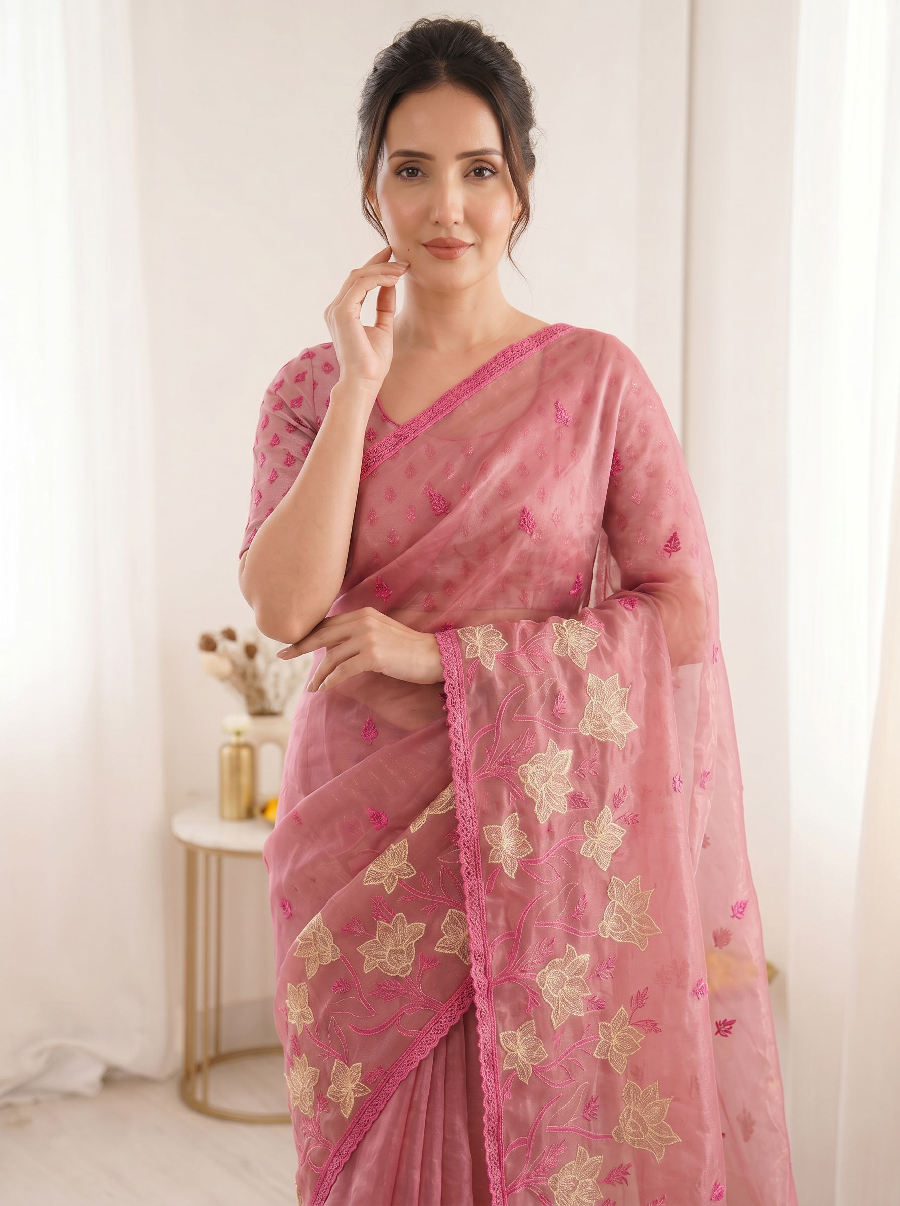 Coral Pure Oris Silk Saree with Embroidered Lotus Buttis & Applique Border
