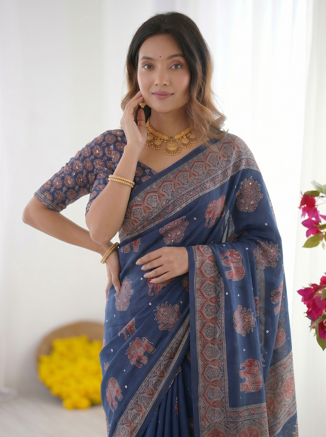 Royal blue modal silk saree with elephant motif heritage print designer pallu traditional festive wear saree