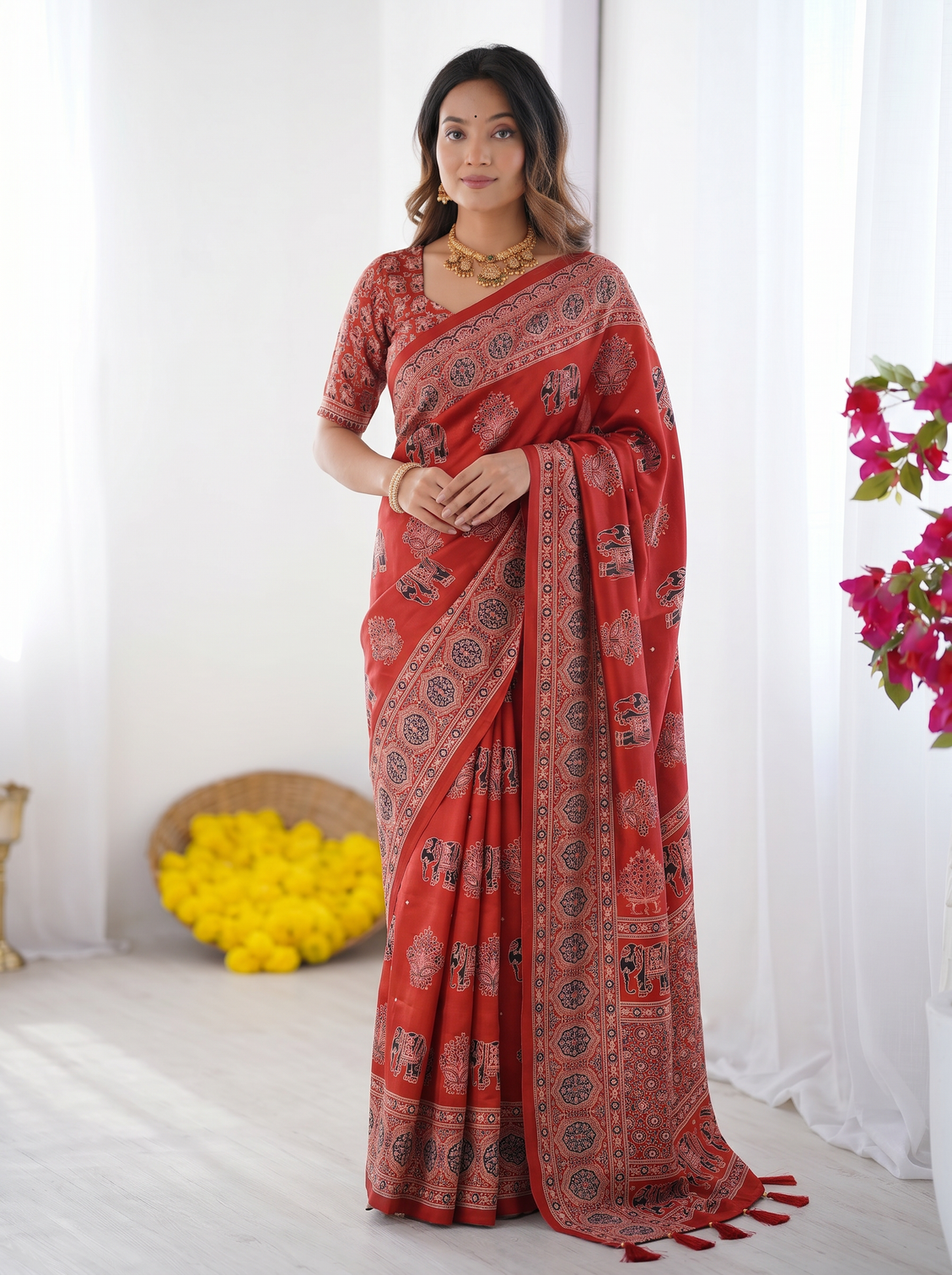 Rust red modal silk saree with elephant motif ajrakh print designer pallu traditional ethnic festive wear saree mameraa
