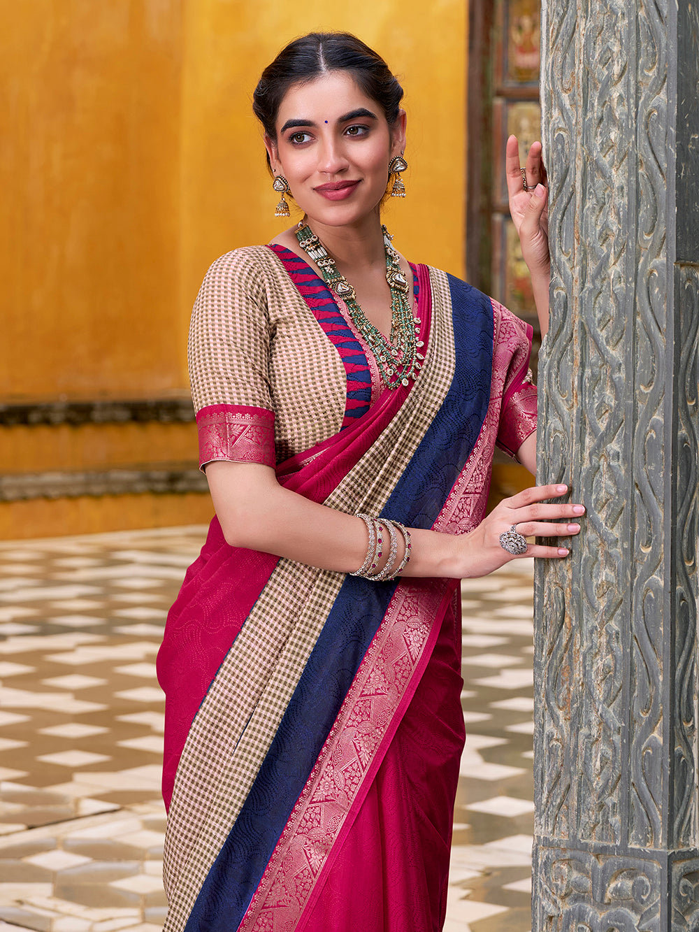 Pink printed poly cotton saree with zari weaving and temple pallu