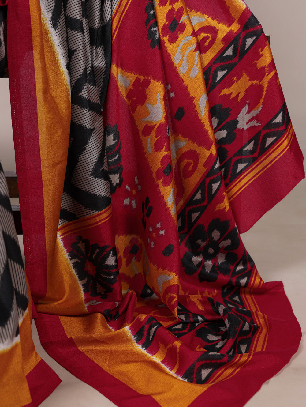 Black printed tasar silk saree with matching blouse