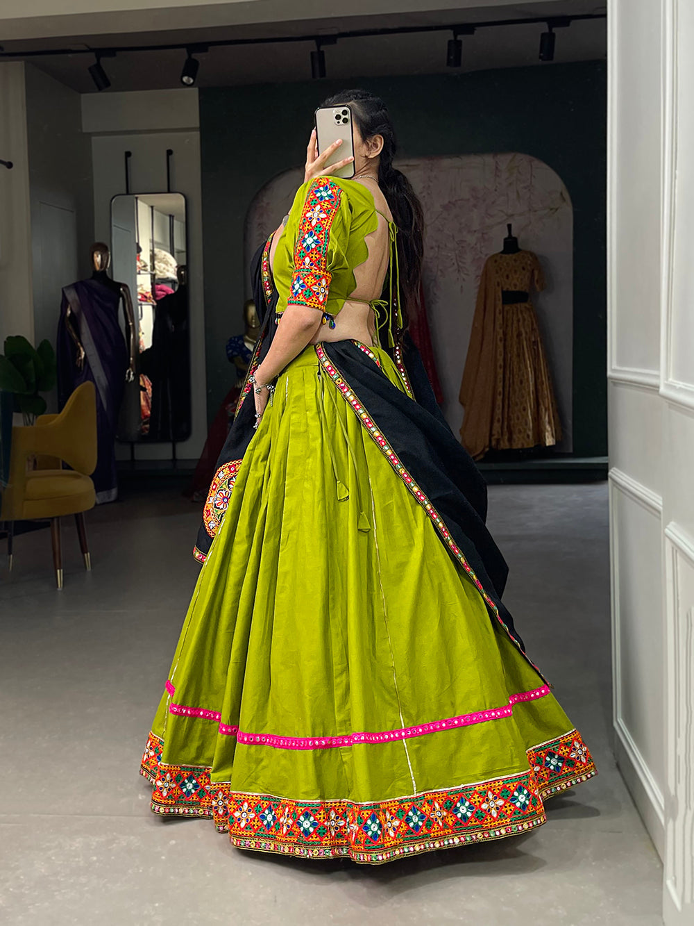 Parrot Color Gamthi Work With Paper Mirror Work Cotton Dandiya Choli