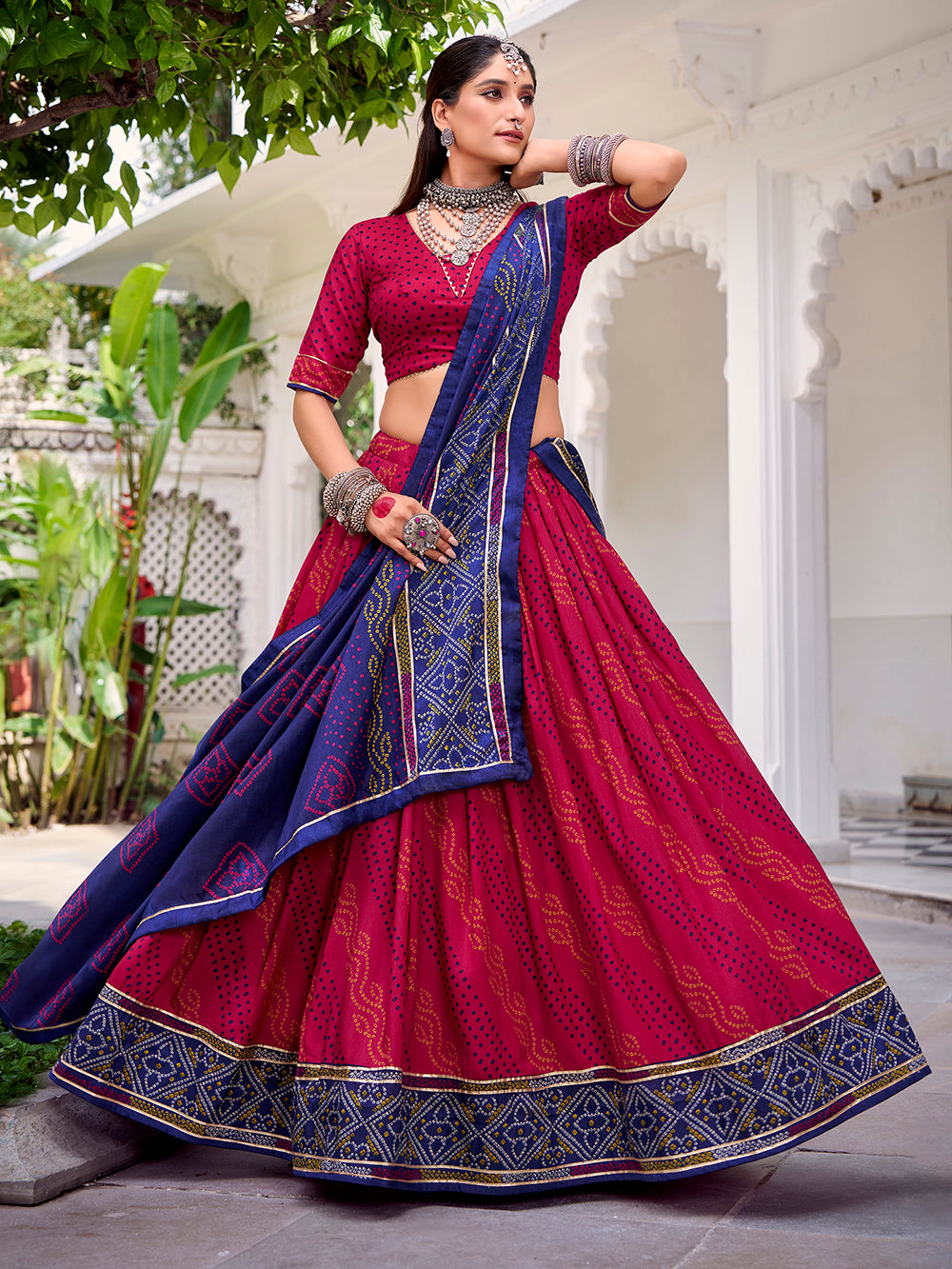 Pink tasar silk bandhej print lehenga choli with gotta patti lace work 4 meter flair