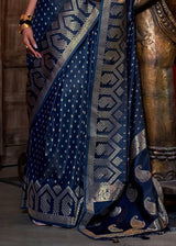Dark Blue Elegant Pure Satin Handloom Saree with Unstitched Blouse Piece