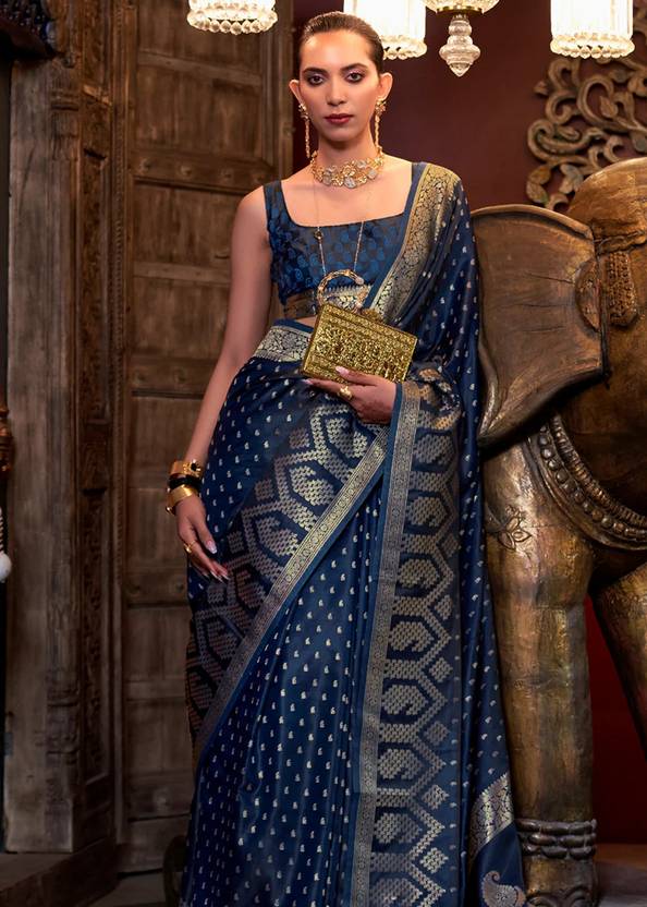 Dark Blue Elegant Pure Satin Handloom Saree with Unstitched Blouse Piece