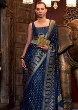 Dark Blue Elegant Pure Satin Handloom Saree with Unstitched Blouse Piece