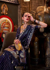 Dark Blue Elegant Pure Satin Handloom Saree with Unstitched Blouse Piece