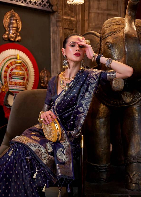 Dark Blue Elegant Pure Satin Handloom Saree with Unstitched Blouse Piece