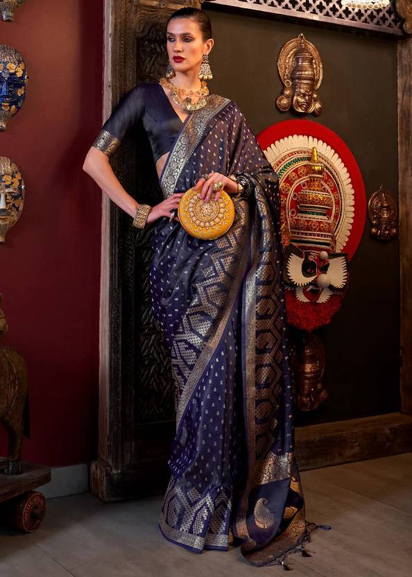 Dark Blue Elegant Pure Satin Handloom Saree with Unstitched Blouse Piece