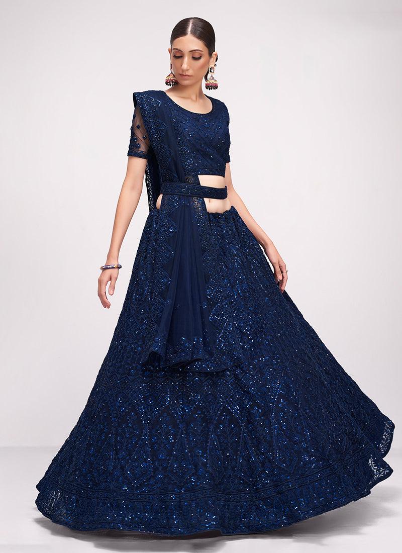 Dark Blue Soft Net Wedding Lehenga