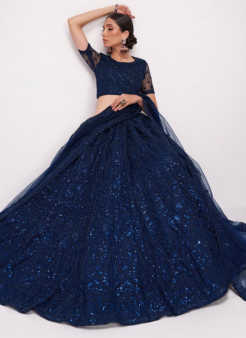 Dark Blue Soft Net Wedding Lehenga