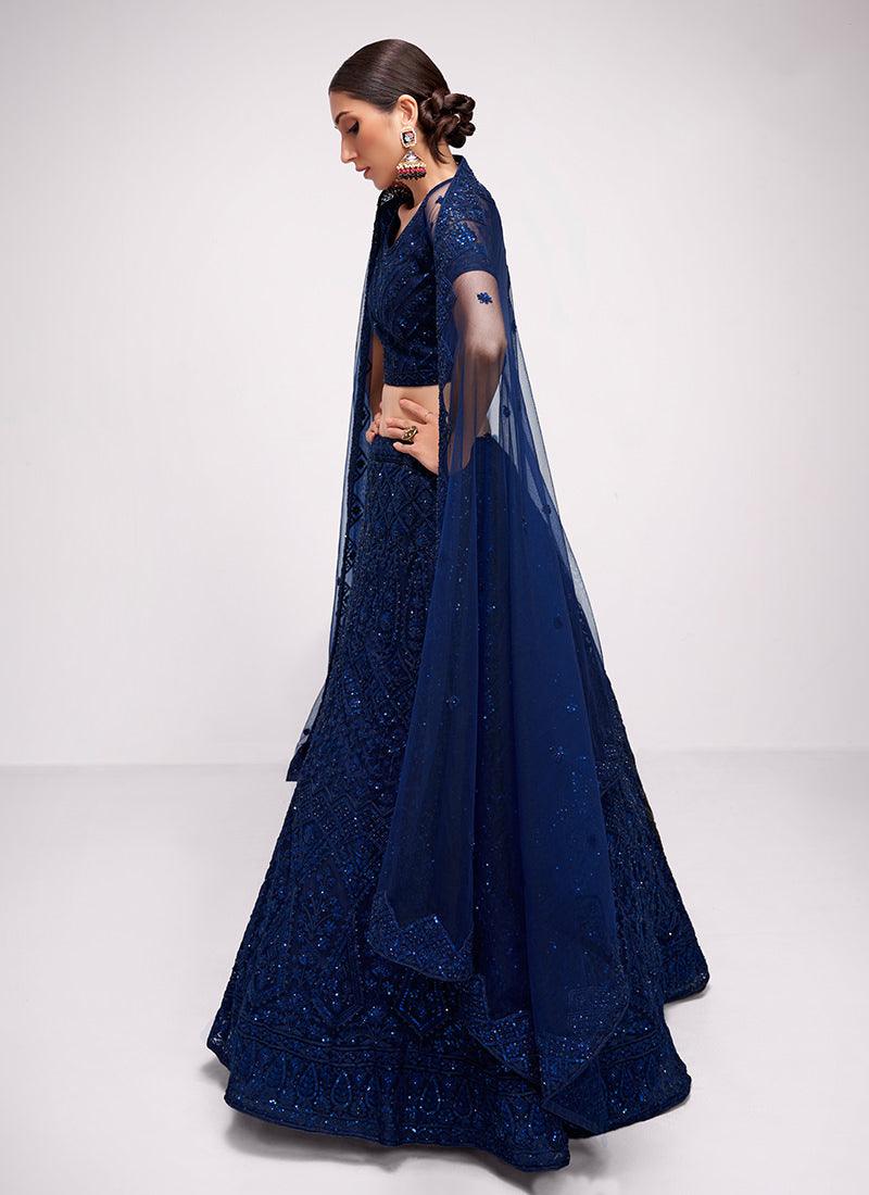 Dark Blue Soft Net Wedding Lehenga