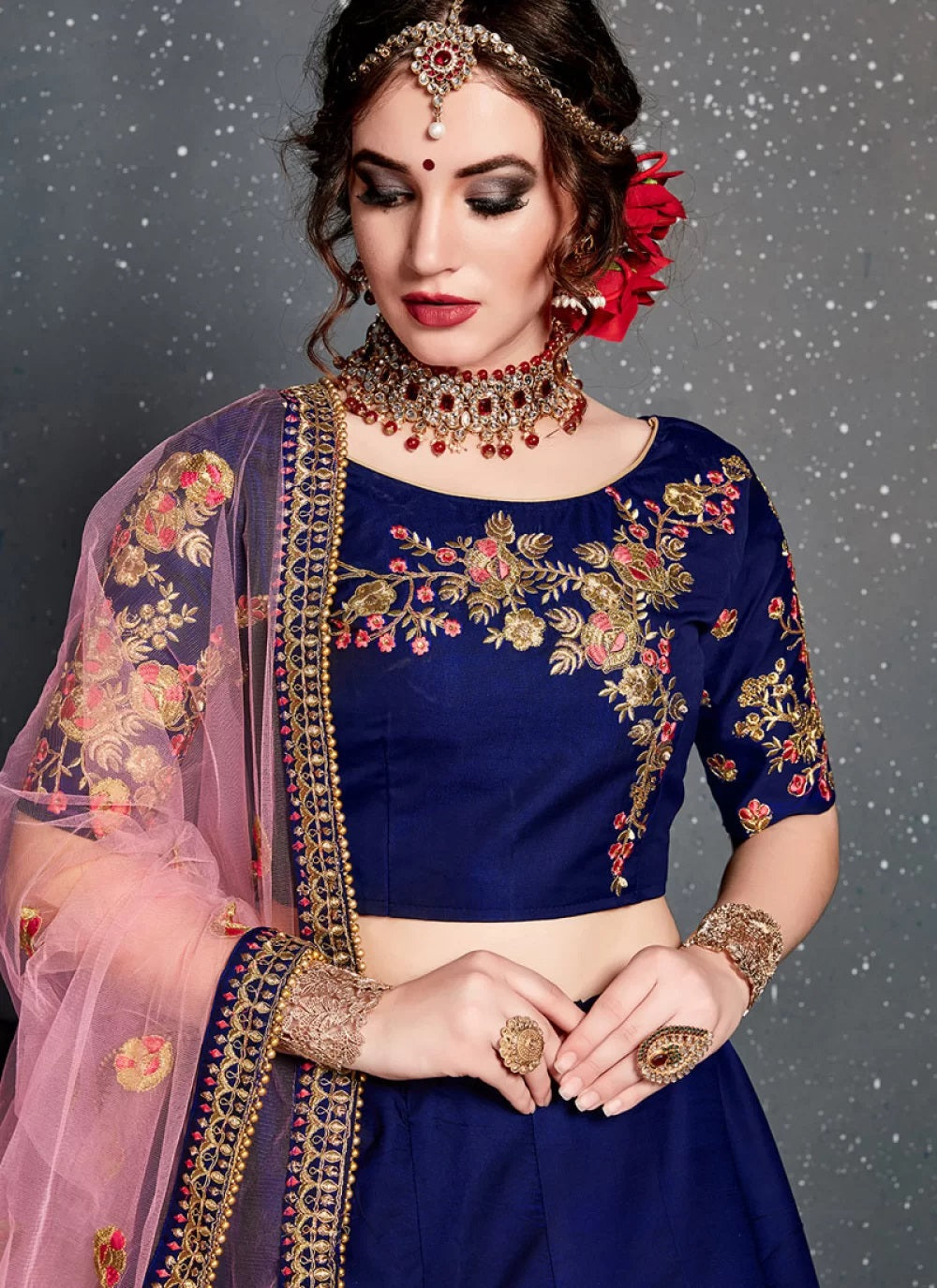 Dark blue taffeta satin silk dulhan lehenga choli