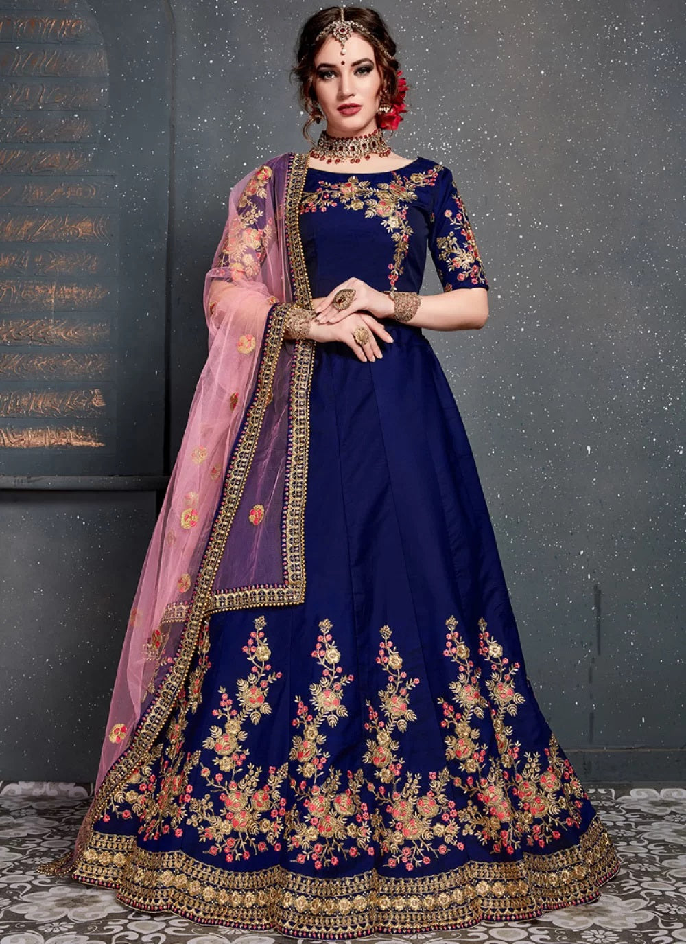 Dark blue taffeta satin silk dulhan lehenga choli