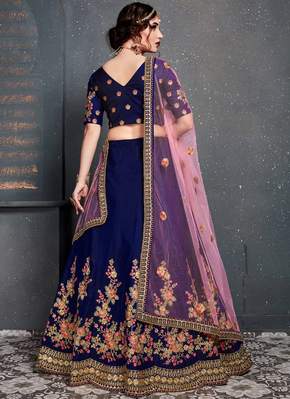 Dark blue taffeta satin silk dulhan lehenga choli