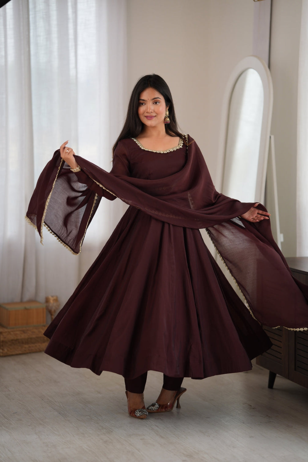 Dark Brown Pure Mal Chanderi Anarkali Gown