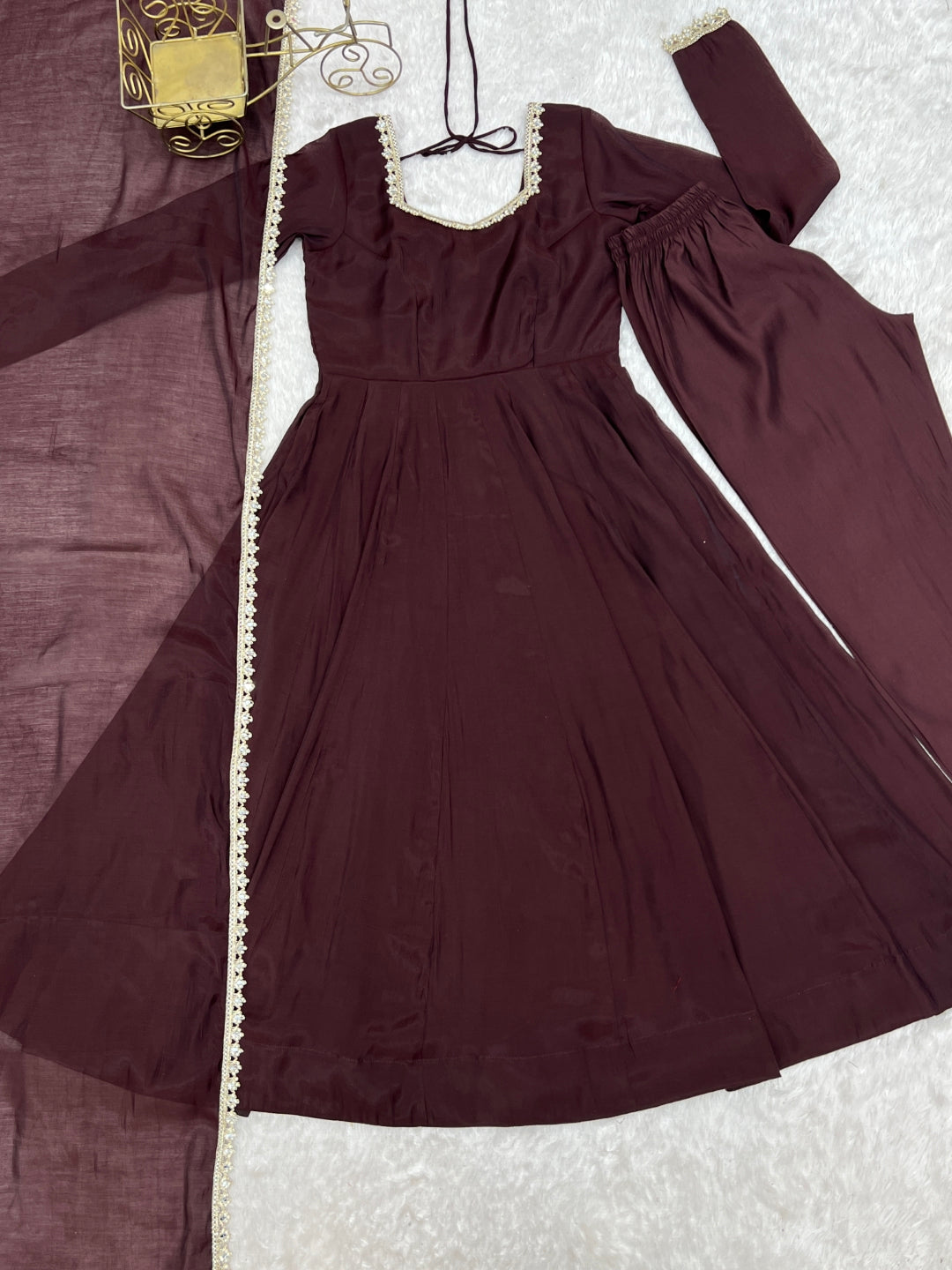 Dark Brown Pure Mal Chanderi Anarkali Gown