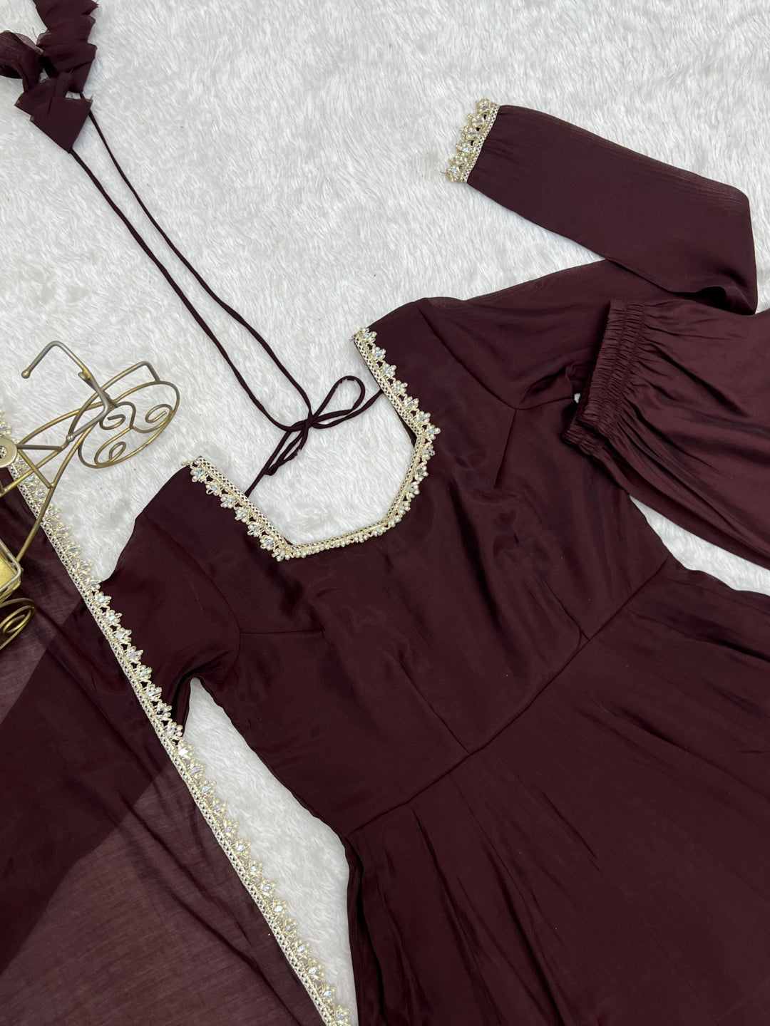 Dark Brown Pure Mal Chanderi Anarkali Gown