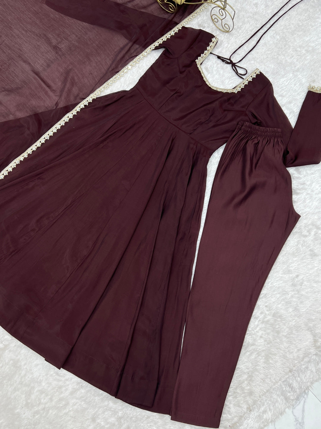Dark Brown Pure Mal Chanderi Anarkali Gown