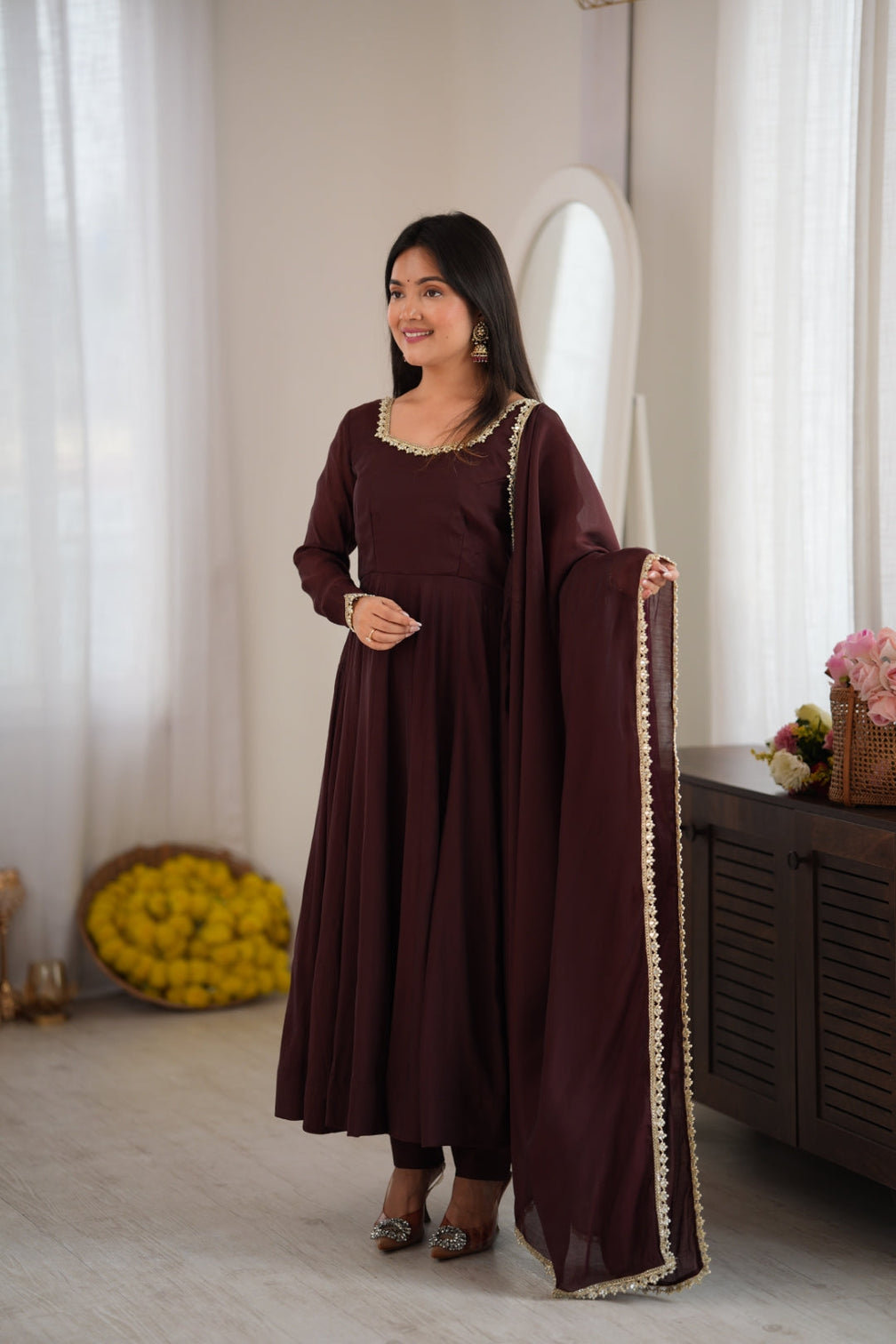 Dark Brown Pure Mal Chanderi Anarkali Gown