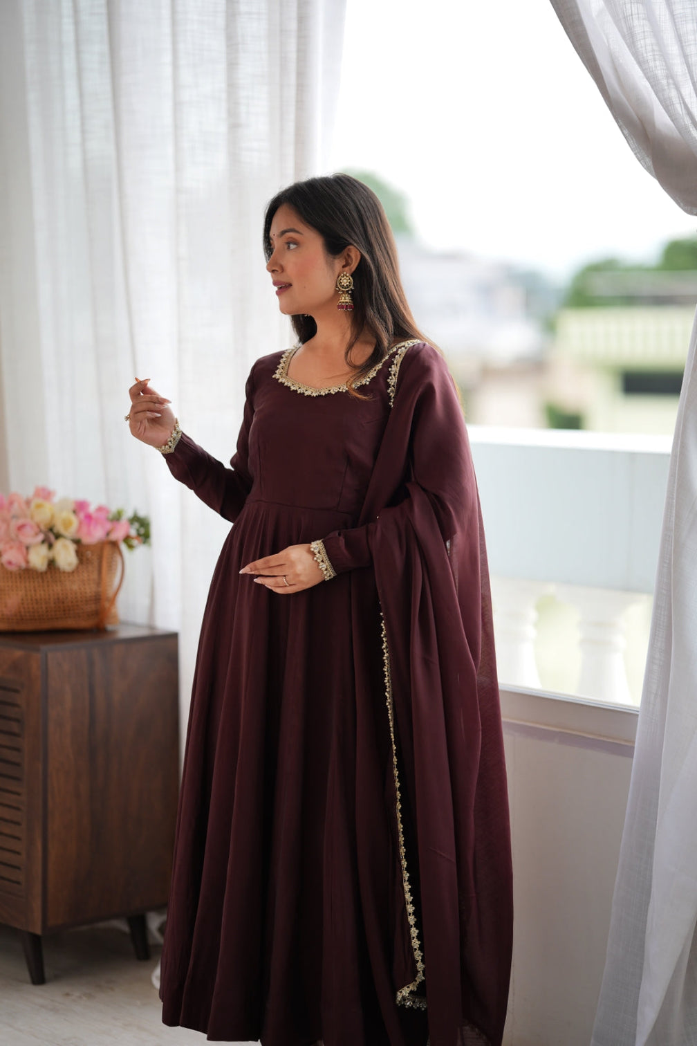 Dark Brown Pure Mal Chanderi Anarkali Gown