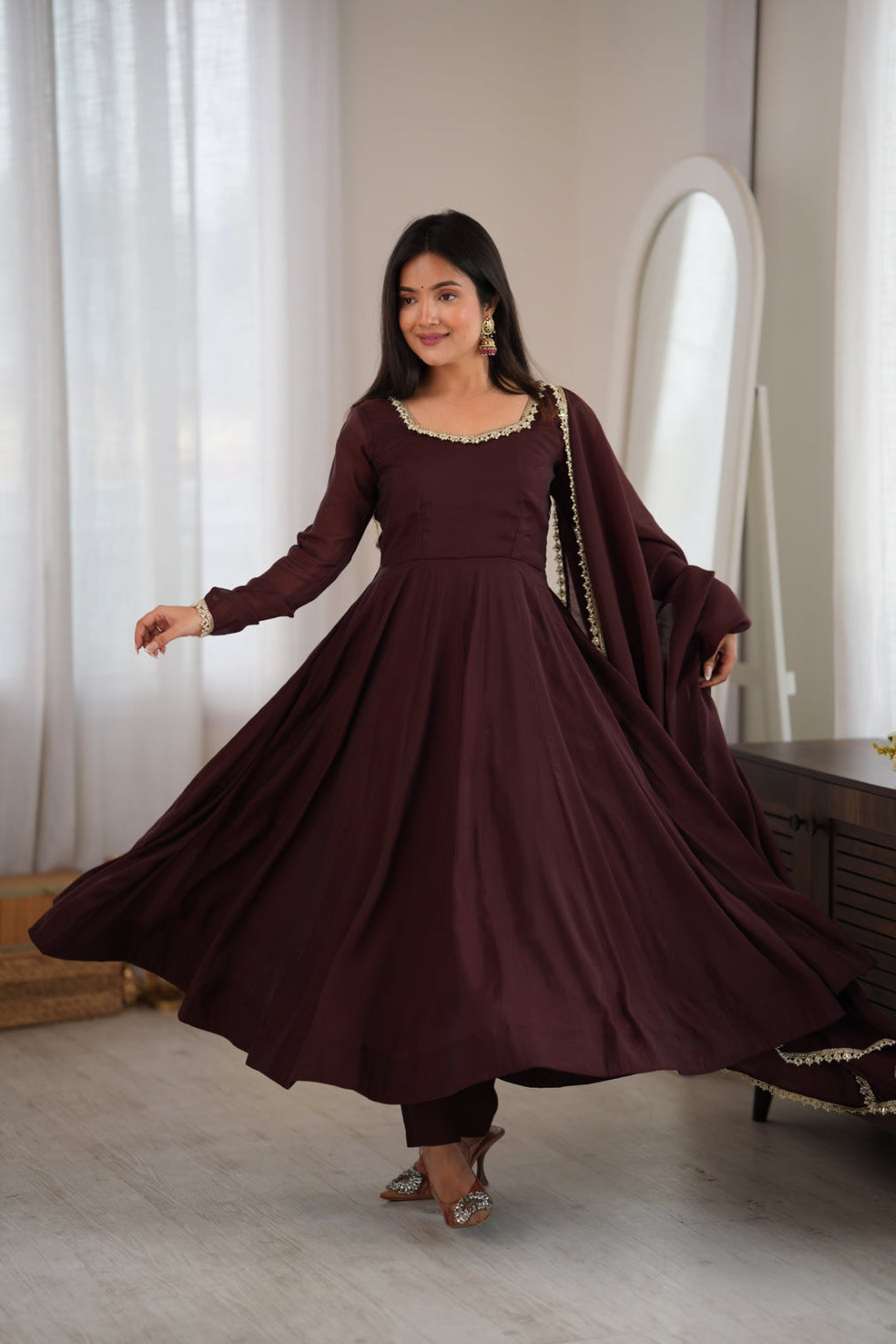 Dark Brown Pure Mal Chanderi Anarkali Gown