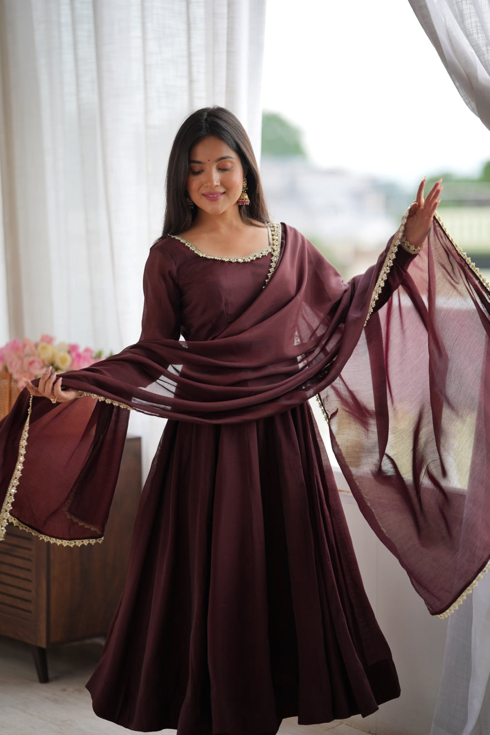 Dark Brown Pure Mal Chanderi Anarkali Gown