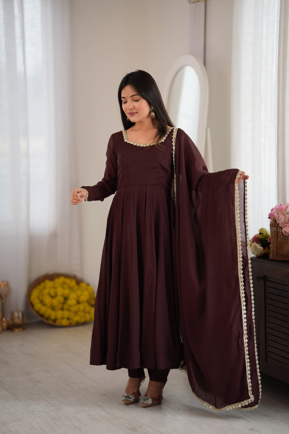 Dark Brown Pure Mal Chanderi Anarkali Gown
