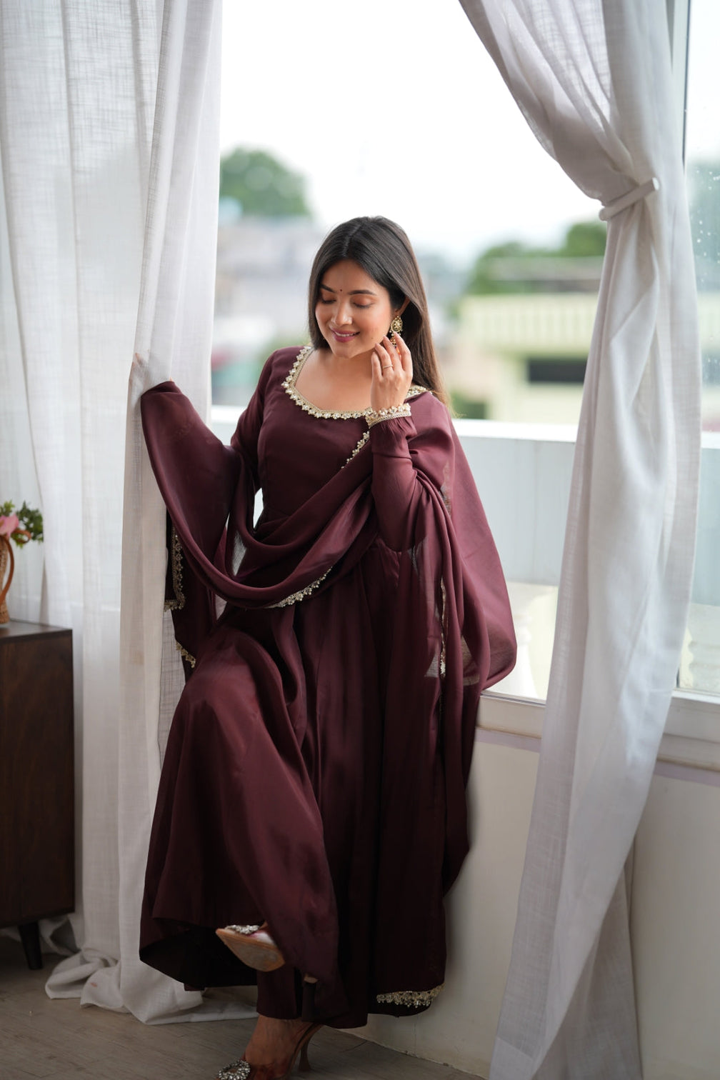 Dark Brown Pure Mal Chanderi Anarkali Gown