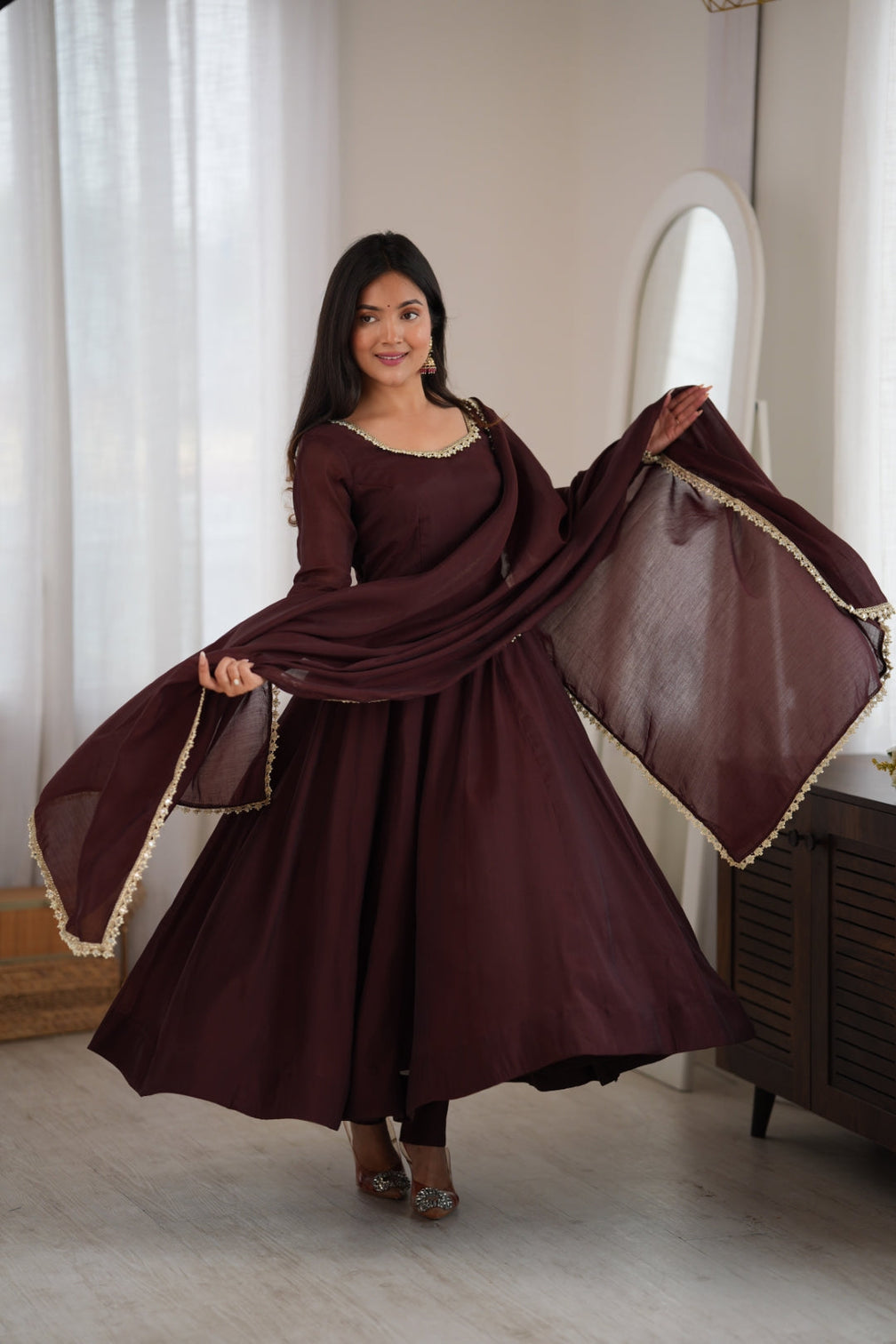 Dark Brown Pure Mal Chanderi Anarkali Gown
