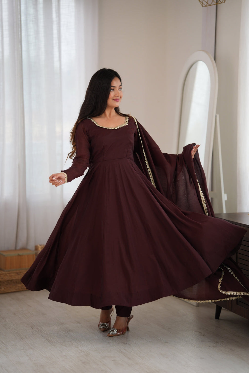 Dark Brown Pure Mal Chanderi Anarkali Gown