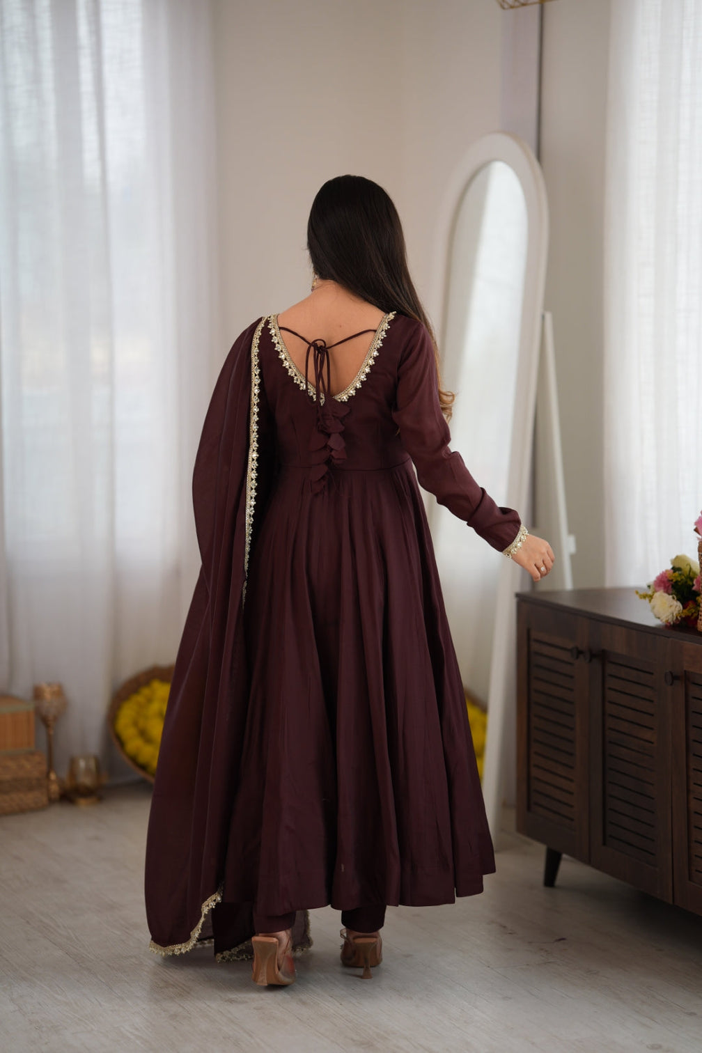 Dark Brown Pure Mal Chanderi Anarkali Gown