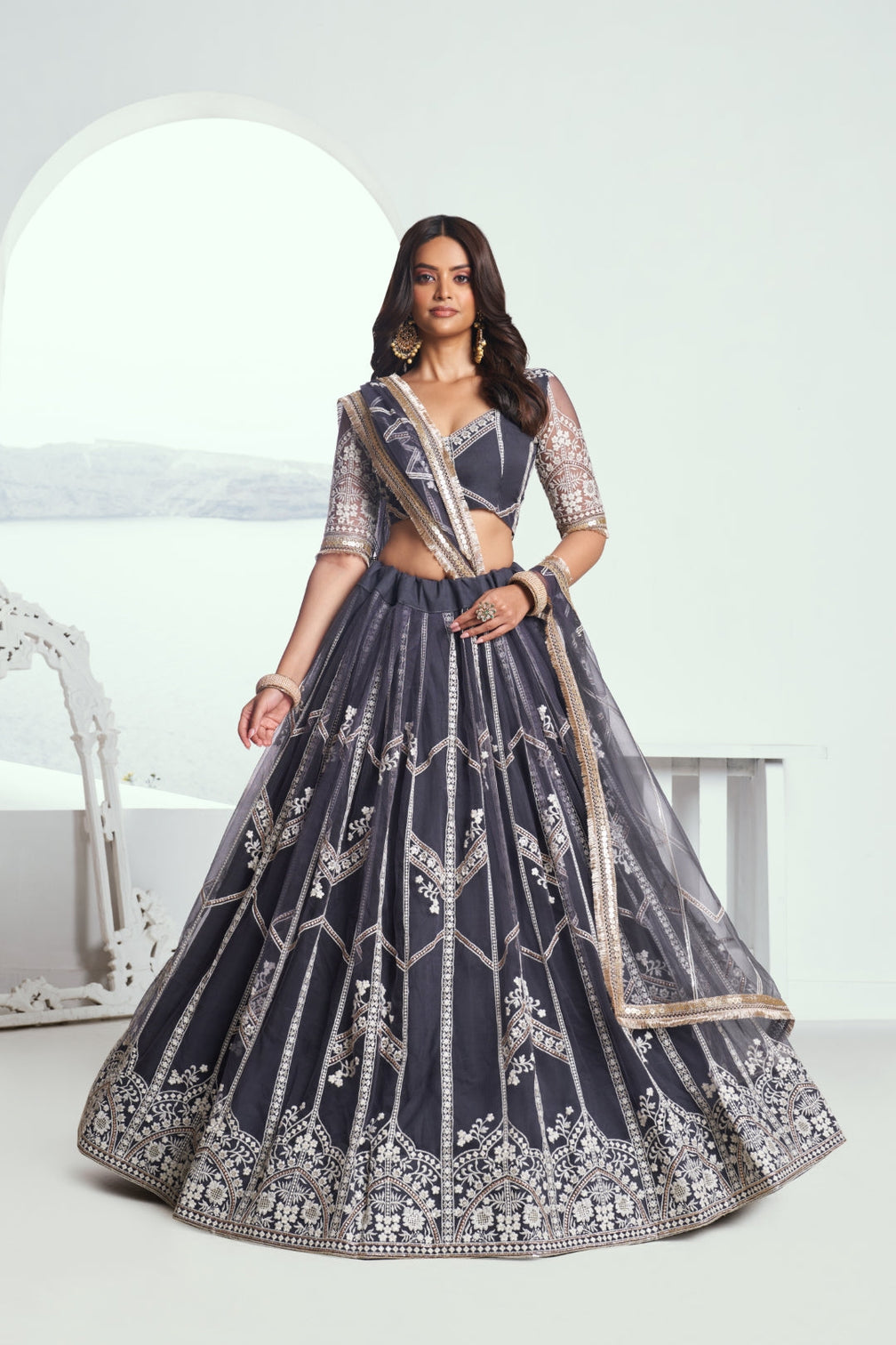 Dark Gray Elegant Butterfly Net Lehenga with Intricate Embroidery