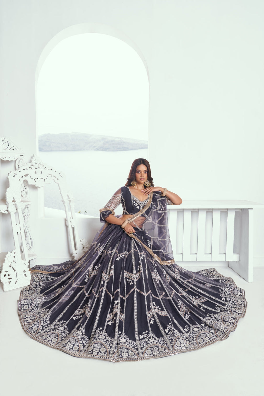 Dark Gray Elegant Butterfly Net Lehenga with Intricate Embroidery