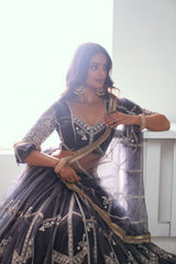 Dark Gray Elegant Butterfly Net Lehenga with Intricate Embroidery