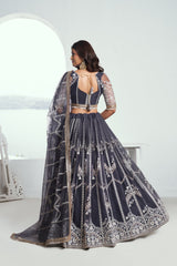 Dark Gray Elegant Butterfly Net Lehenga with Intricate Embroidery