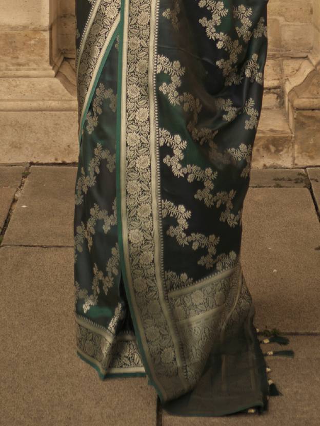 Dark Green Banarasi Woven Satin Silk Blend Saree with Tassels – Unstitched Blouse Piece