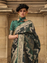 Dark Green Banarasi Woven Satin Silk Blend Saree with Tassels – Unstitched Blouse Piece