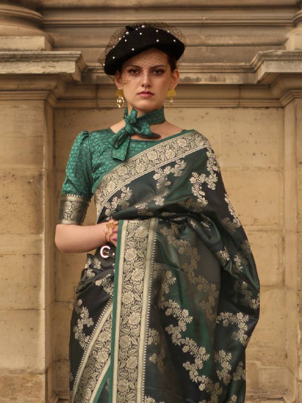 Dark Green Banarasi Woven Satin Silk Blend Saree with Tassels – Unstitched Blouse Piece