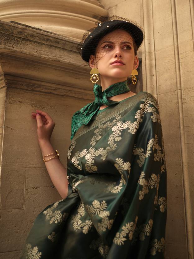 Dark Green Banarasi Woven Satin Silk Blend Saree with Tassels – Unstitched Blouse Piece