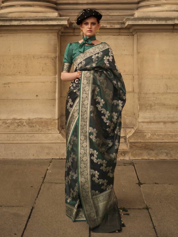 Dark Green Banarasi Woven Satin Silk Blend Saree with Tassels – Unstitched Blouse Piece